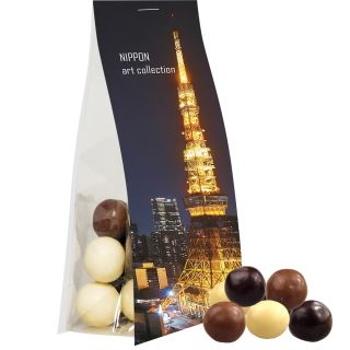 Choco crispy balls, ca. 20g, express pouch with promotional flyer
