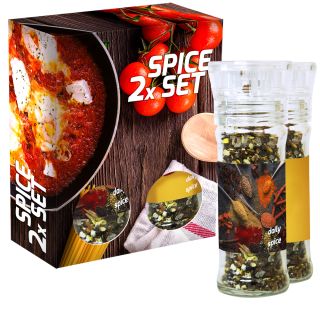 verschiedene Gewürzmischungen (Kategorie 2), 70-160g, 2er Set Glas mit Kunststoffmahlwerk in Faltschachtel