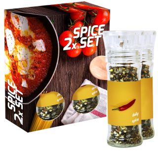 verschiedene Gewürzmischungen (Kategorie 3), 70-160g, 2er Set Glas mit Kunststoffmahlwerk in Faltschachtel