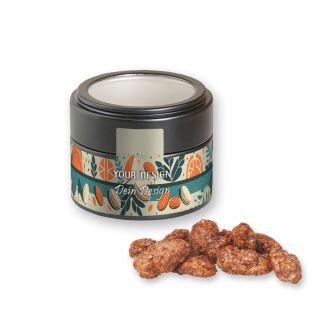 Feuergebrannte Mandeln (vegan), ca. 60g, Metalldose Mini mit Sichtfenster schwarz