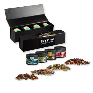 Verschiedene Teesorten, , ca. 60-140g, Geschenk-Set Premium schwarz mit Magnetverschluss und 4 Kraftpapierdosen Mini