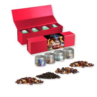 Verschiedene Teesorten, , ca. 60-140g, Geschenk-Set Premium rot mit Magnetverschluss und 4 Metalldosen Mini mit Sichtfenster
