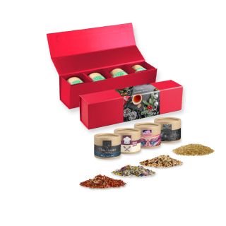 verschiedene Gewürzmischungen (Kategorie 2), ca. 40-160g, Geschenk-Set Premium rot mit Magnetverschluss und 4 Kraftpapierdosen Mini