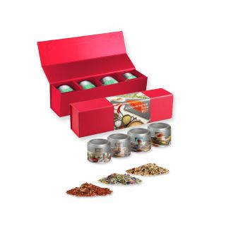 verschiedene Gewürzmischungen (Kategorie 3), ca. 140-440g, Geschenk-Set Premium rot mit Magnetverschluss und 4 Metalldosen Mini mit Sichtfenster