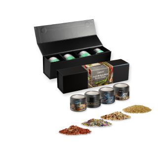 verschiedene Gewürzmischungen (Kategorie 3), ca. 140-440g, Geschenk-Set Premium schwarz mit Magnetverschluss und 4 Metalldosen Mini mit Sichtfenster