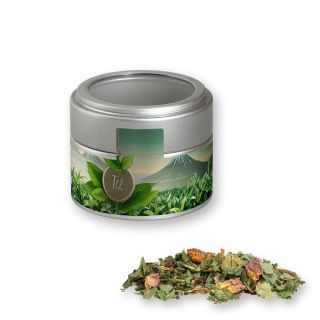 Herbal tea happiness, ca. 25g, metal tin mini silver with window